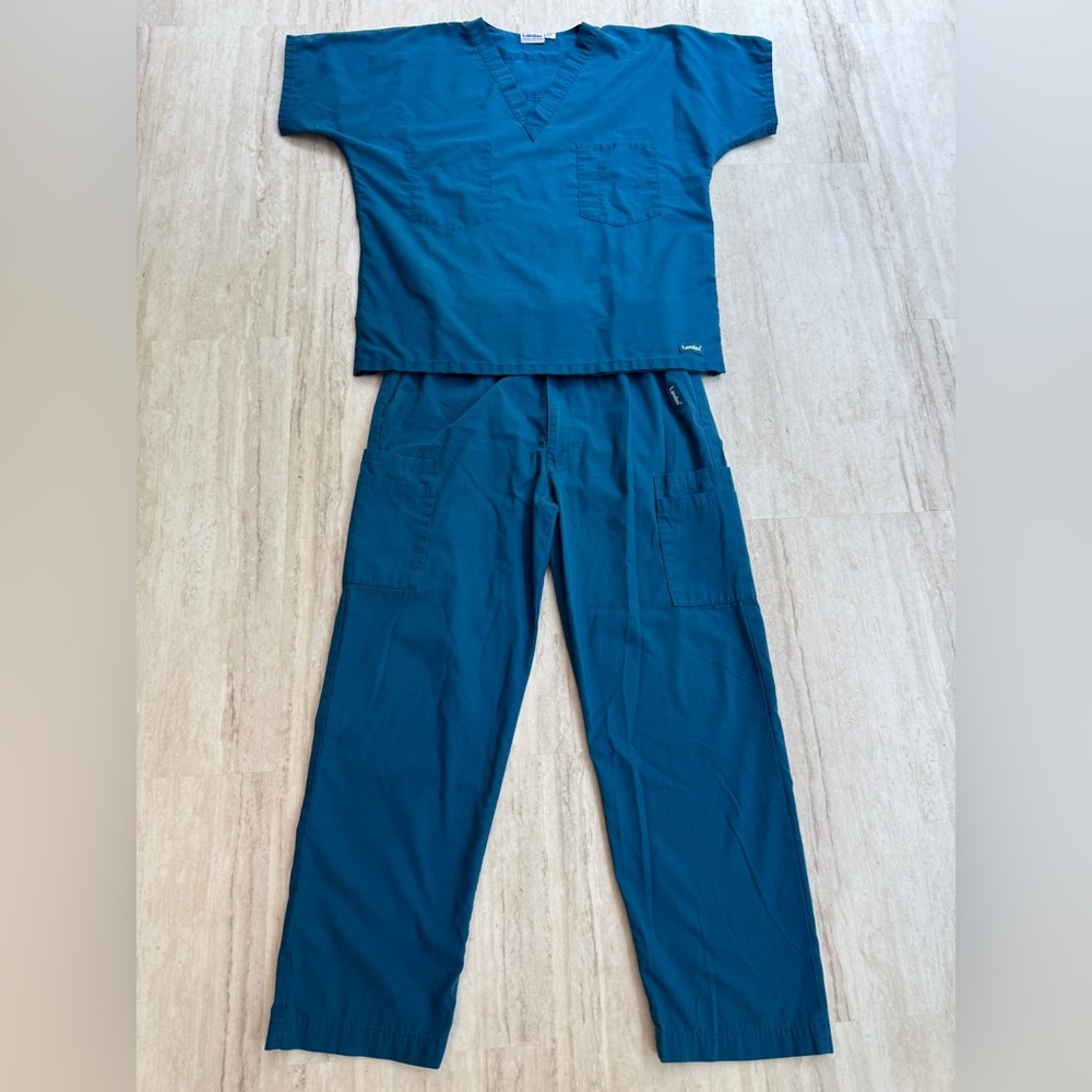 Landau Teal V-Neck Scrub Top and Bottom size Medium